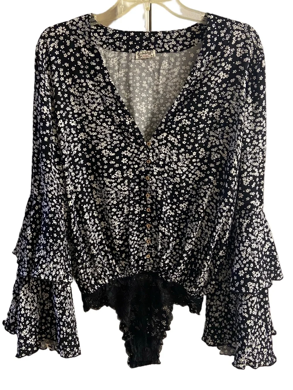 Free People Intimately Black White Ditzy Floral Ruffle Bell Sleeve Bodysuit Top